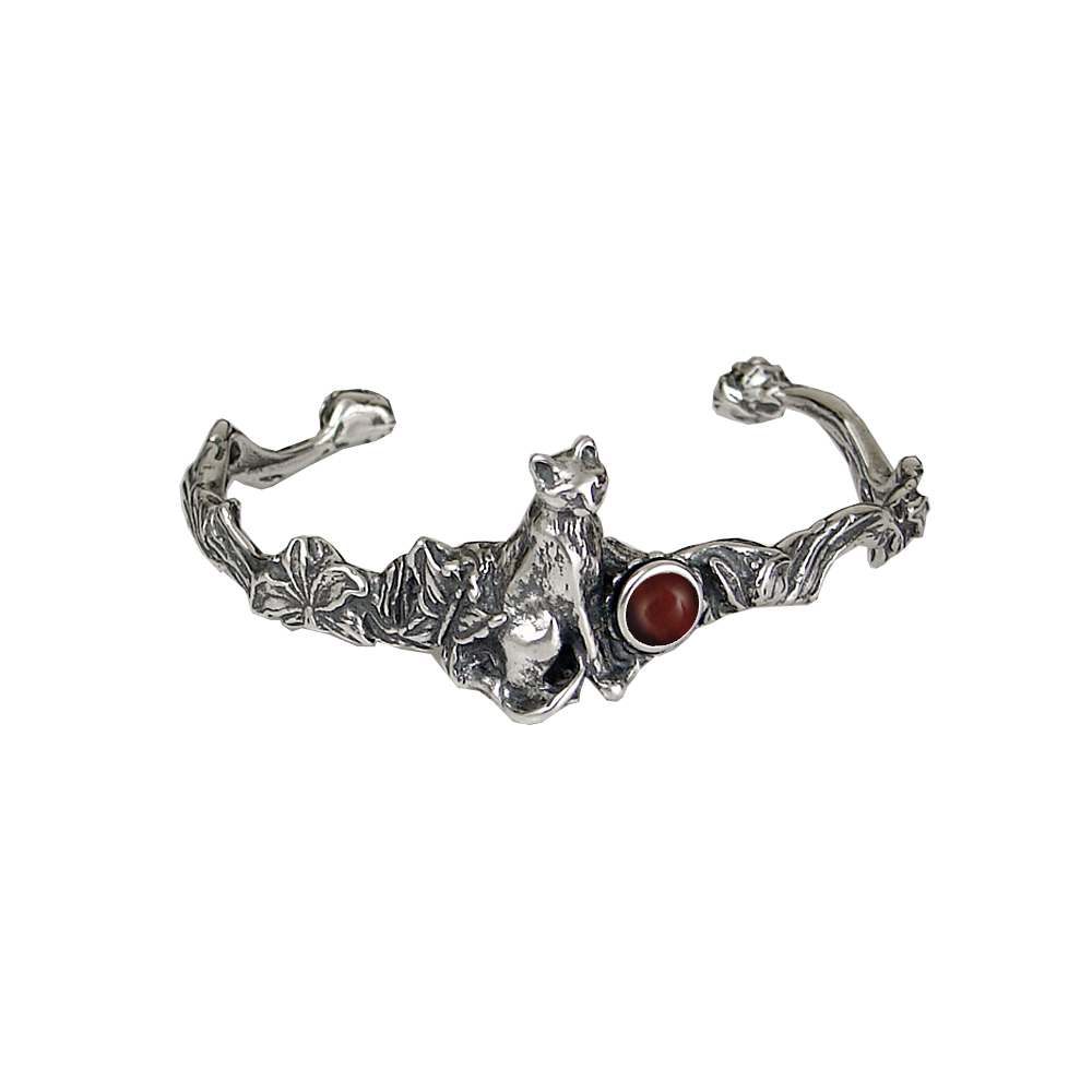 Sterling Silver Cat With Flowers Cuff Bracelet Red Tiger Eye